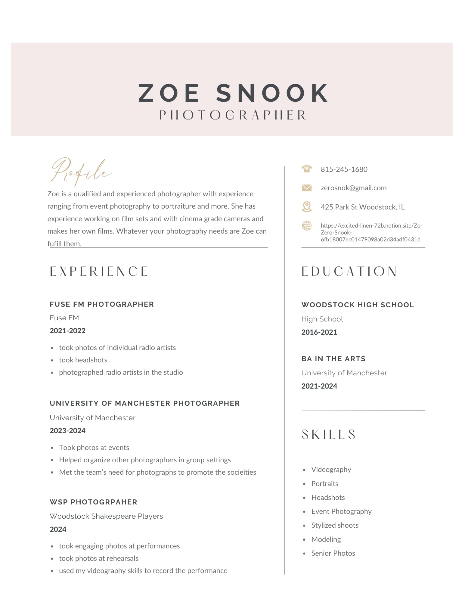 Photography resume template showcasing experience section layout